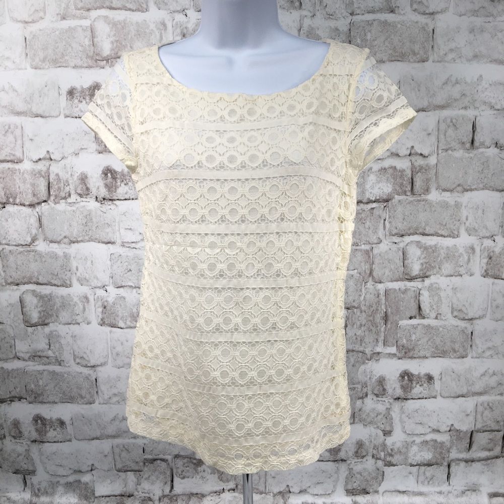 Banana Republic Women's Size 4 Blouse Top Short Sleeve Lace Cream Ivory